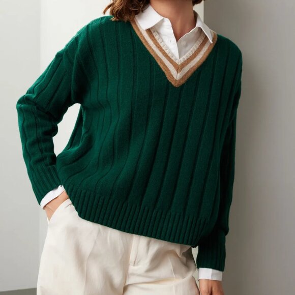 Madewell Sweaters - NWT Madewell Tipped V-Neck Oversized Sweater, Utopian Pine Green, Size Small